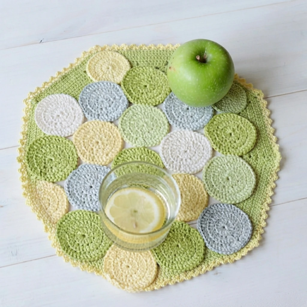 Crocheted placemat made of joined circles in white, grey, green and yellow yarn on a white wooden table, with a glass of lemon water and a green apple.