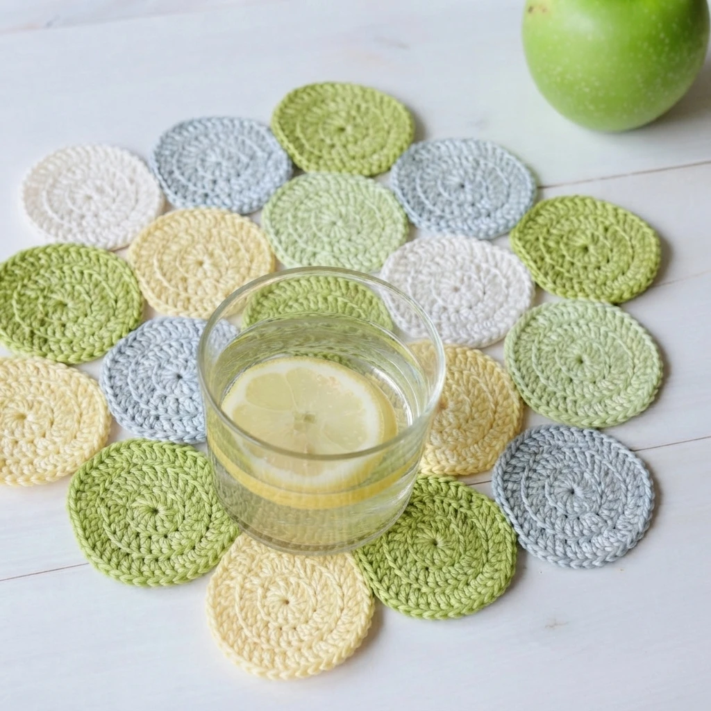 Ronds crochetés verts, crème, bleu pâle et jaune pâle disposés en fleur sur une table en bois blanc autour d'un verre d'eau citronnée, avec une pomme verte dans l'angle supérieur droit.
