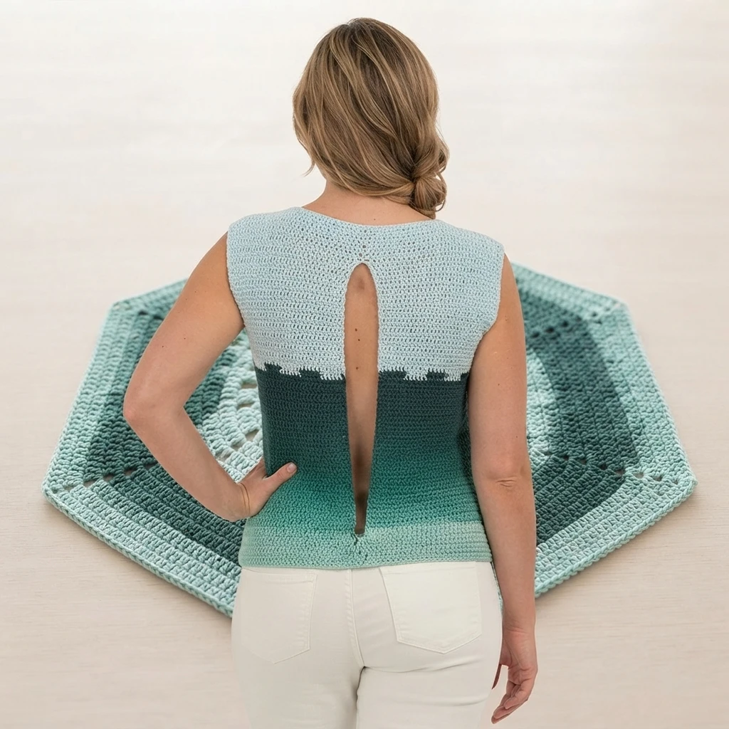 Woman seen from behind wearing a sleeveless crochet top with a light blue to dark teal gradient and a vertical back opening, standing in front of a large hexagonal crochet mat on a pale floor.