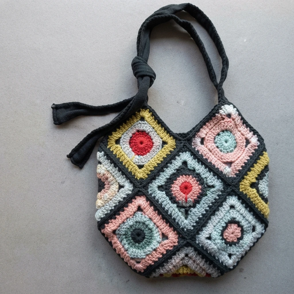Crocheted granny square bag with a black outline, a knotted black strap and pink, red, turquoise, yellow and cream square motifs, photographed on a pale grey surface.