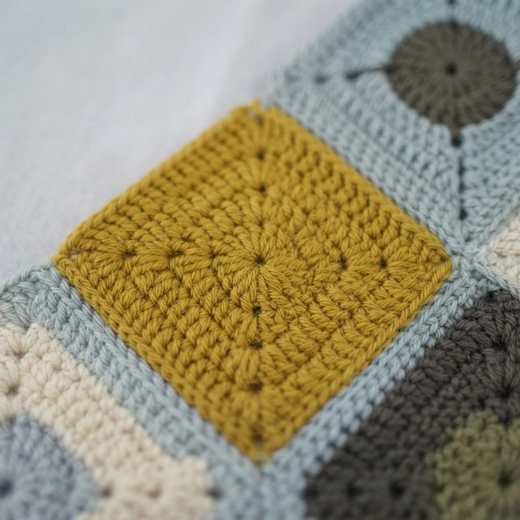 Close-up of crocheted granny squares with a solid mustard yellow square in the center, surrounded by gray, cream and dark brown squares with small circular centers, photographed on a pale surface.