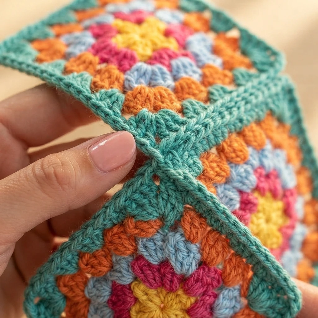 Hands holding two crocheted granny squares joined by a teal slip stitch seam, each square showing a colorful flower center in yellow, pink, orange and light blue with a turquoise border.
