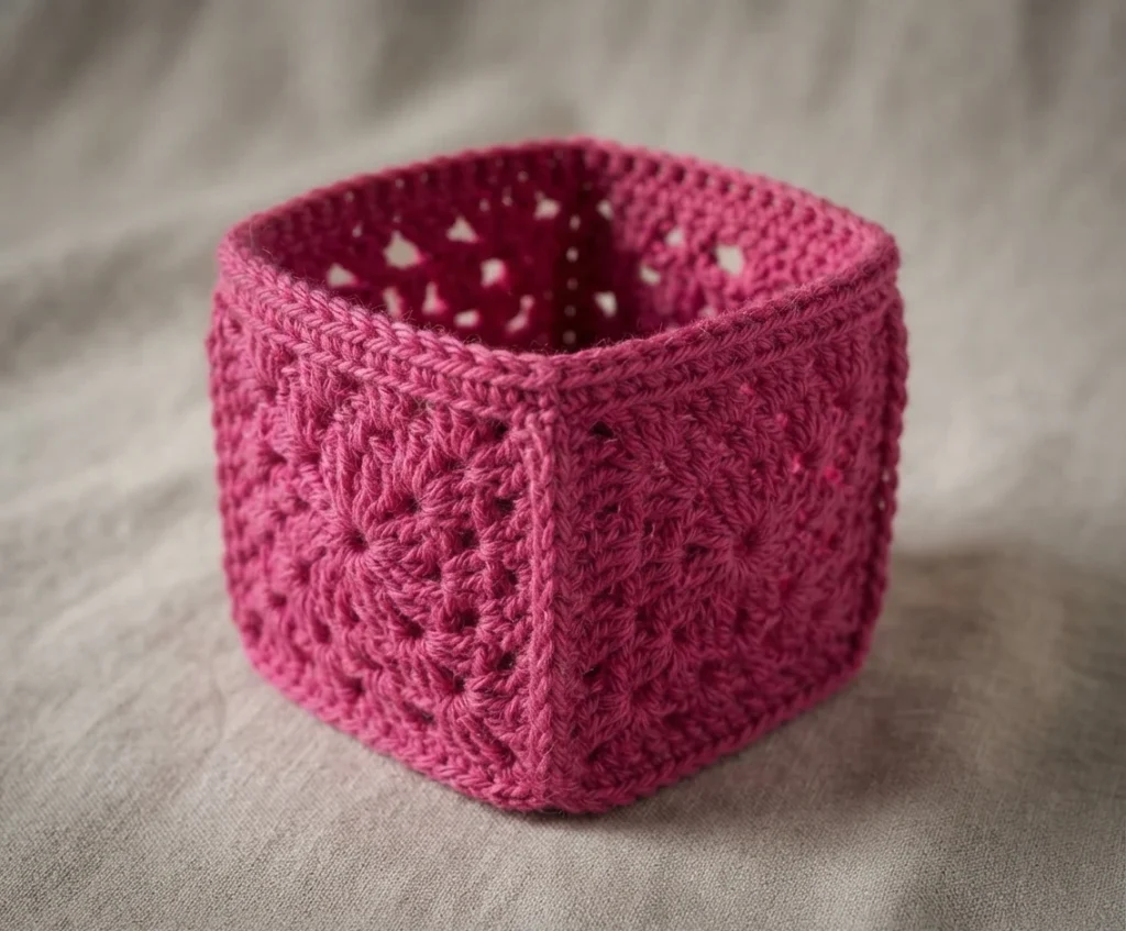 Finished pink crochet pot made of five joined granny squares with flower motifs, sitting on a light fabric surface.