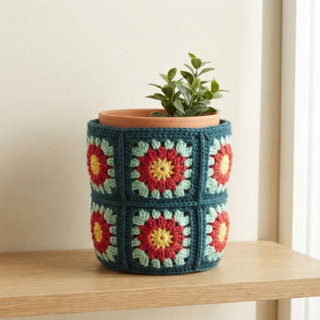 Crocheted granny square flower pot cozy in dark teal, red and mint around a terracotta pot holding a small green plant, standing on a light wooden shelf against a plain wall.