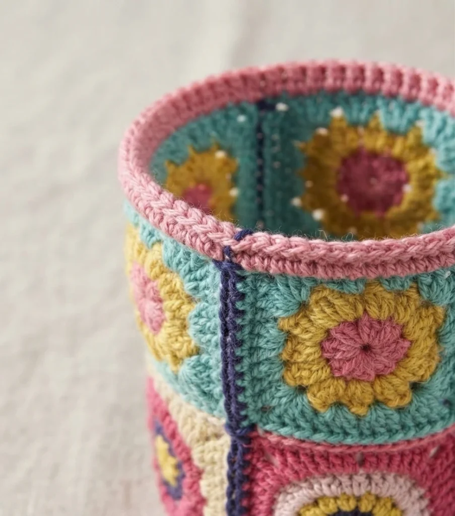 Crocheted flower pot cover made of granny squares with yellow and pink flower motifs on turquoise and pink backgrounds, joined by a visible slip stitch seam and finished with a pink border along the top edge.