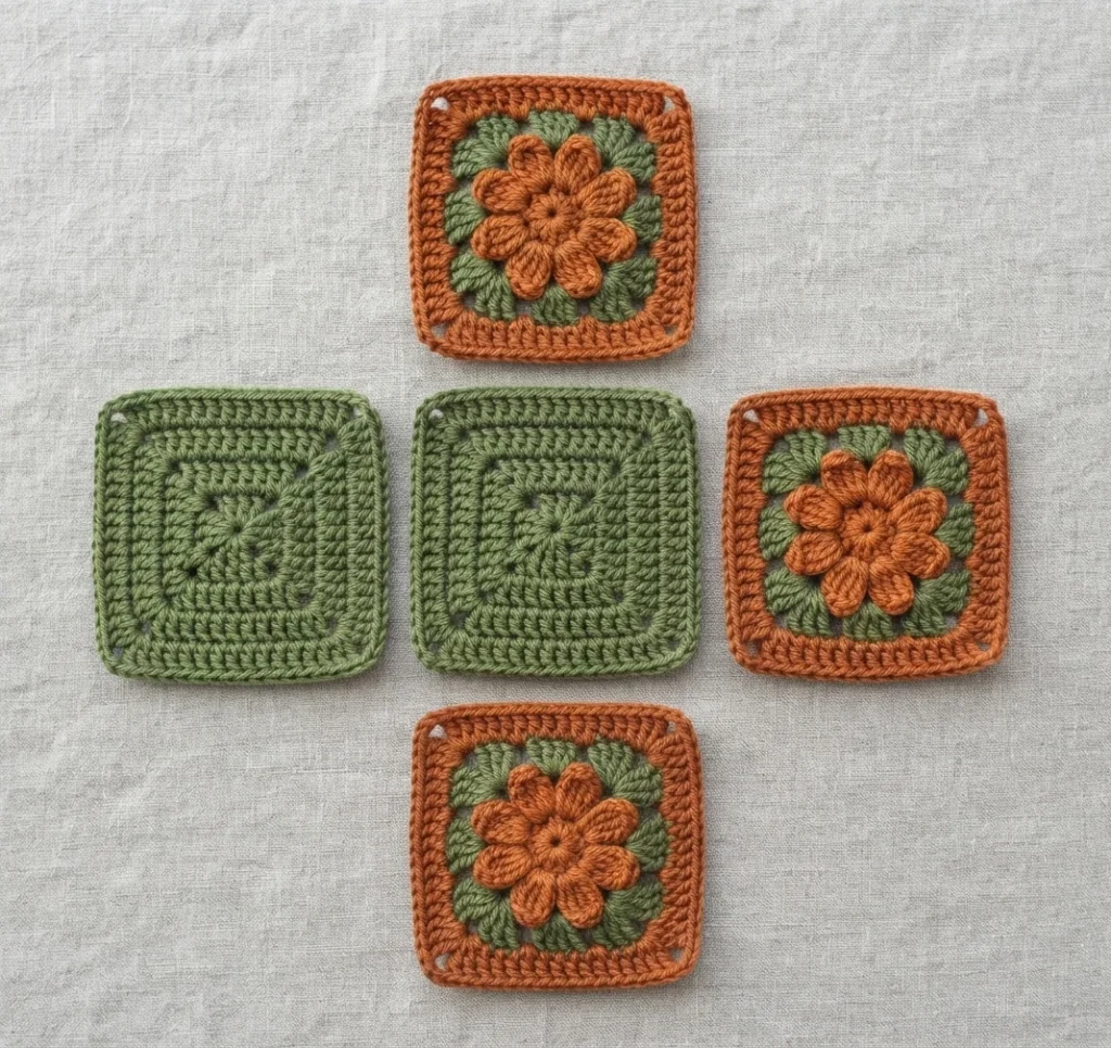 Five crochet squares arranged in a cross shape on a light fabric background: three squares with orange flower motifs and green leaves, and two plain green squares.