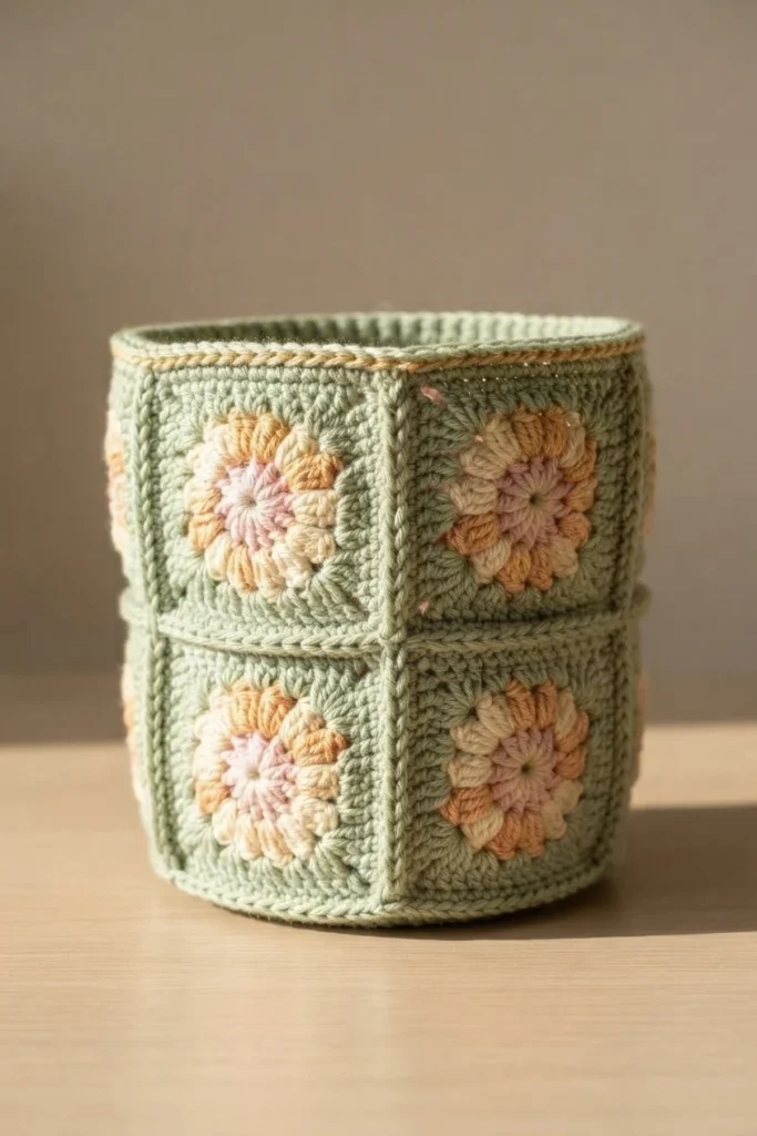 Crocheted sage green pot made of flower granny squares with cream and pink petals, photographed on a wooden surface against a neutral background.