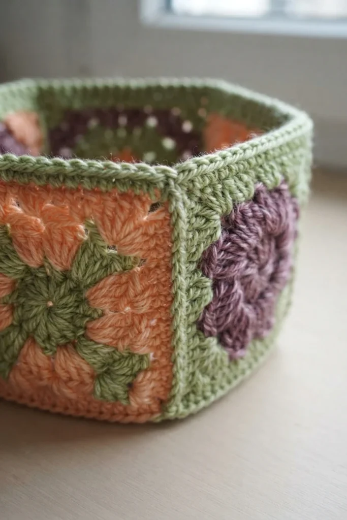 Crocheted pot cover assembled from granny squares, featuring orange and purple flower motifs and a green border.