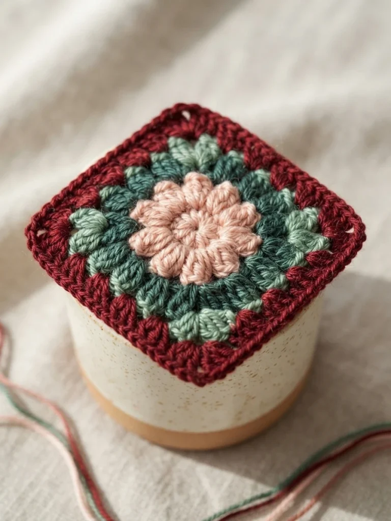 A crocheted granny square with a pink flower center, green petals and a dark red border, resting on a small pot over light fabric with loose yarn strands.