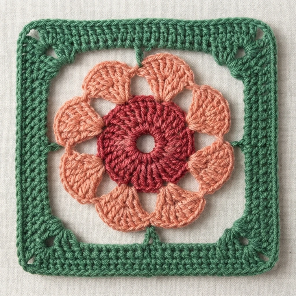 Finished crochet granny square with a dark red center, coral flower petals and a green border, laid flat on a light surface