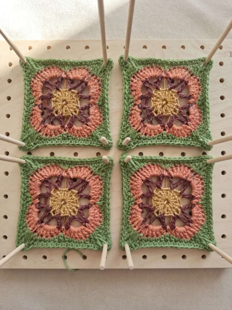 Four crocheted granny squares with pink, green, and yellow flower motifs pinned flat on a wooden blocking board.