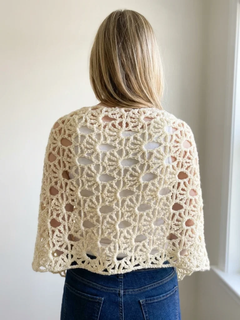Woman seen from behind wearing a cream lacy crochet shawl with large open diamond and fan motifs over a white top and blue jeans, standing by a bright window