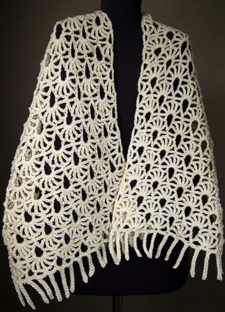 Cream crochet lace shawl with open fan motifs and crocheted chain fringe at both ends, draped open in a V shape over a black dress form against a dark background