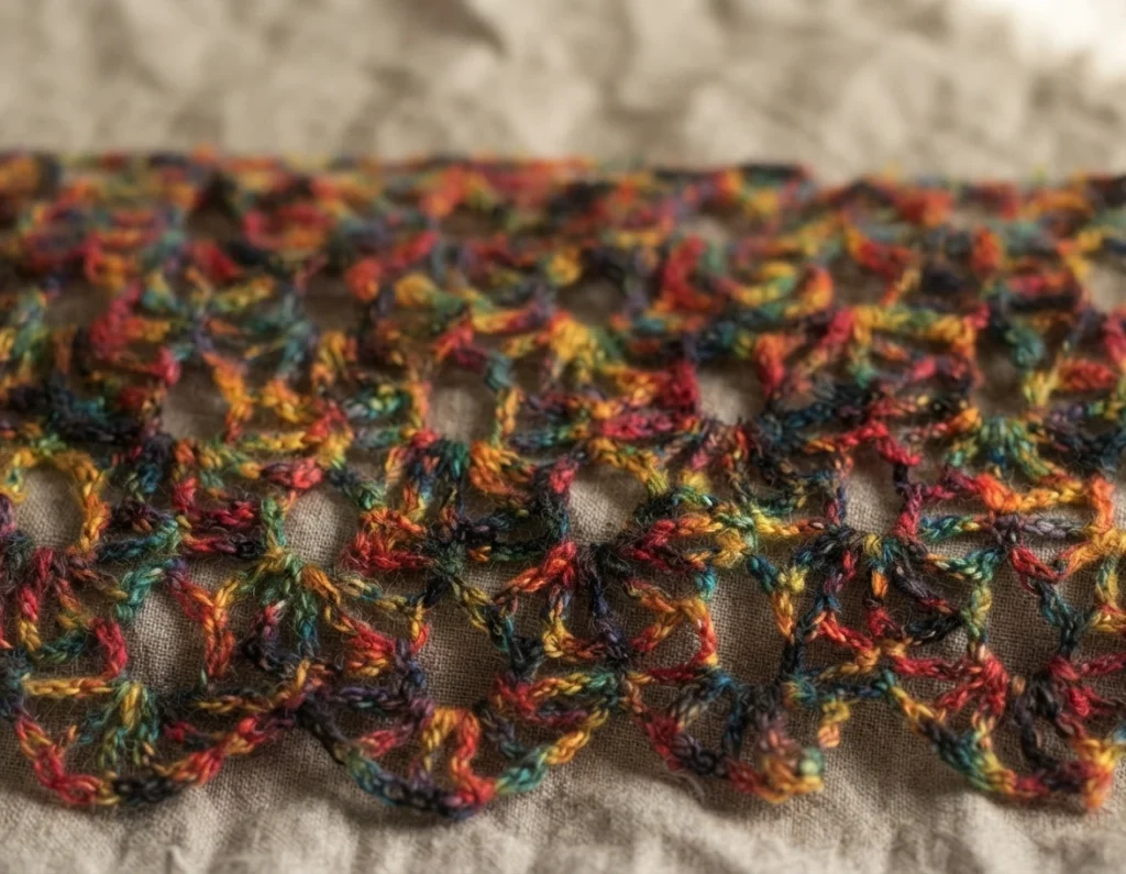 Close-up of a crocheted lace shawl in variegated red, gold, green and navy yarn, showing open fan motifs and scalloped edges, resting on a beige cloth.