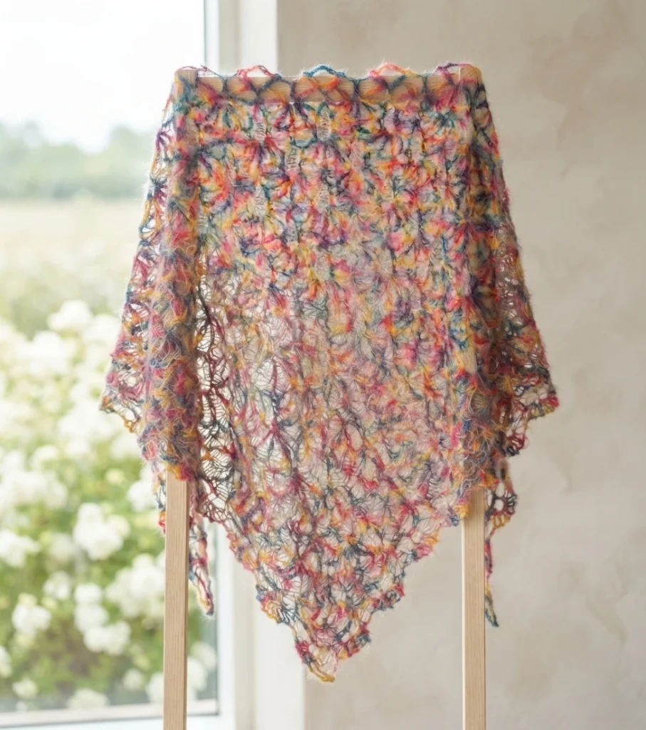 Finished multicolored variegated lace shawl with open fan motifs draped over a light wooden stand in front of a bright window, showing an openwork texture and a pointed lower edge.