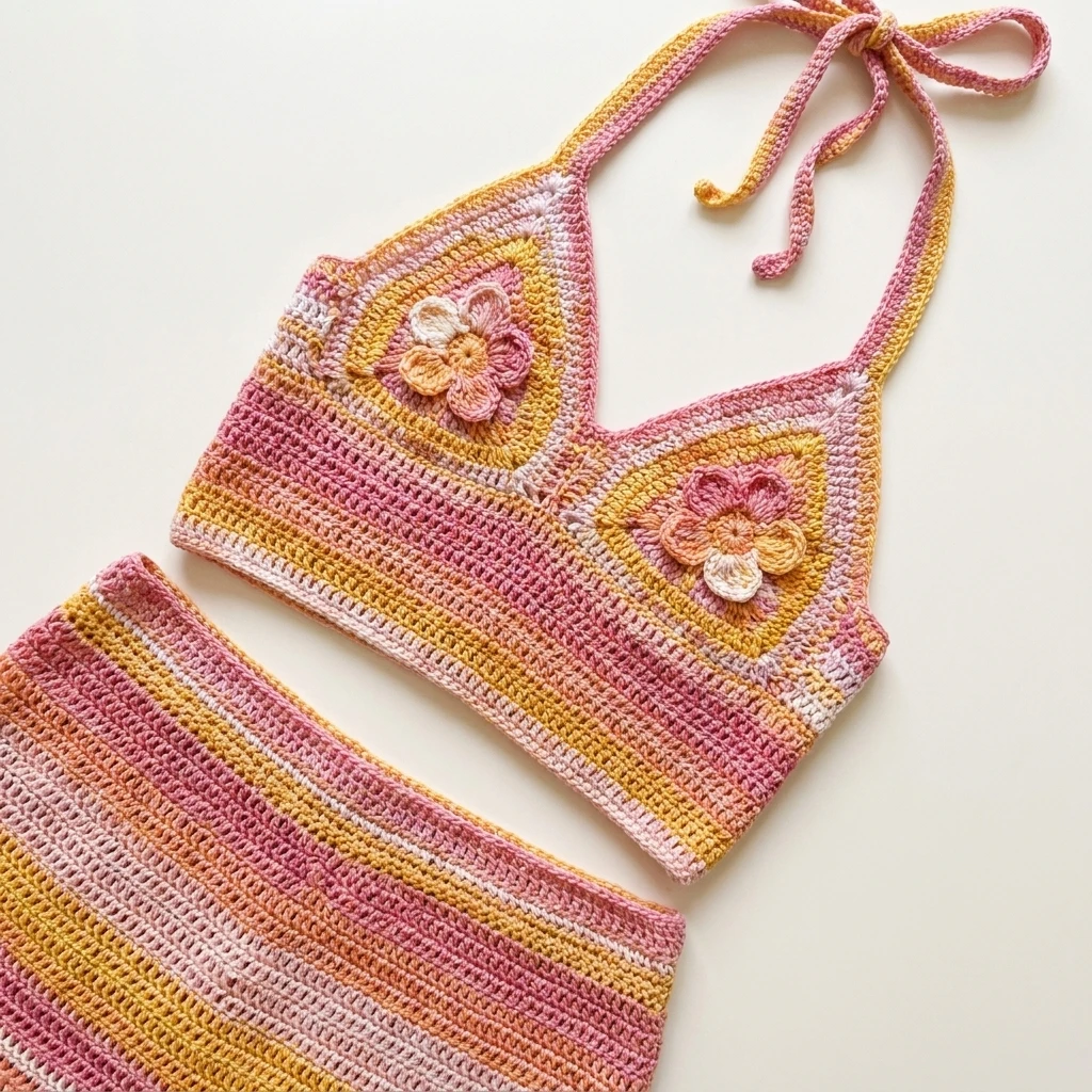 Crocheted halter crop top with two flower motifs on the cups and a matching striped skirt, shown in a flat lay