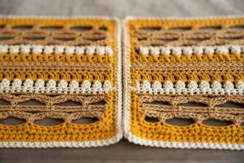 Close-up of two matching crocheted table runner panels laid side by side on a wood surface, showing horizontal stripes of mustard yellow, camel tan and cream with an openwork trellis section, cream bobble rows and a cream edging around the