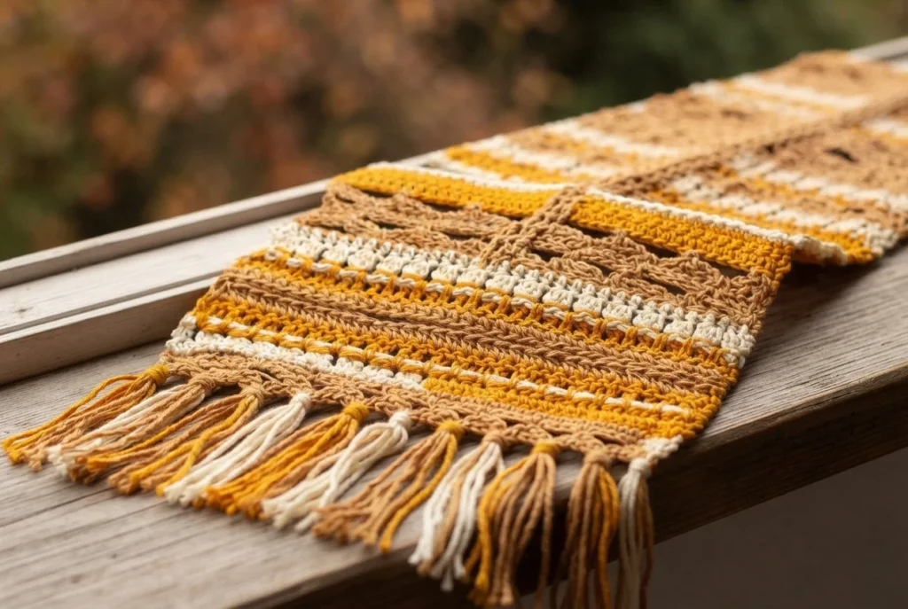 Crocheted table runner in goldenrod, camel and cream yarn with an openwork mesh pattern and knotted fringe ends, laid along a wooden surface against a blurred autumn foliage background.