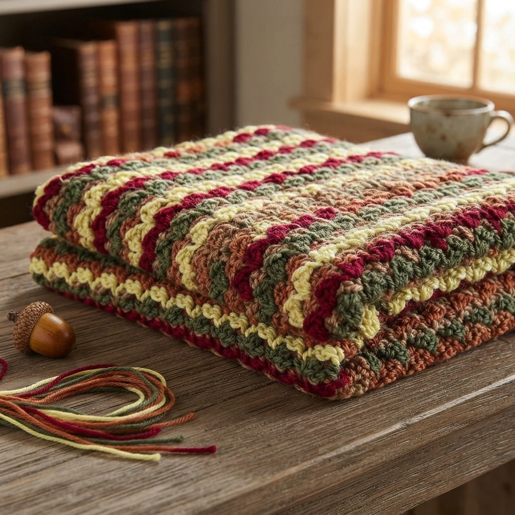 A folded crochet blanket in autumn colors rests on a wooden table beside loose yarn, with a cup and books in the background.