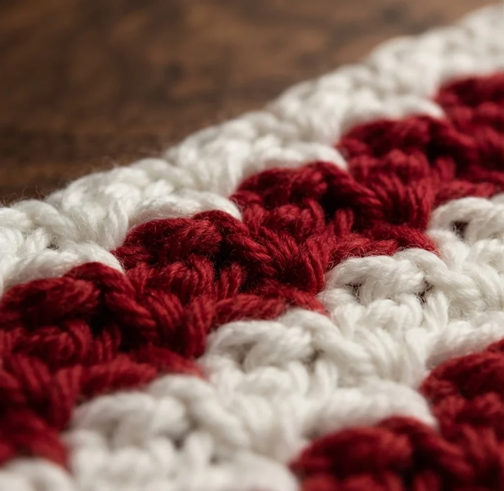 Gros plan oblique d’un échantillon crocheté à relief, avec des rangs rouge foncé et blanc cassé.