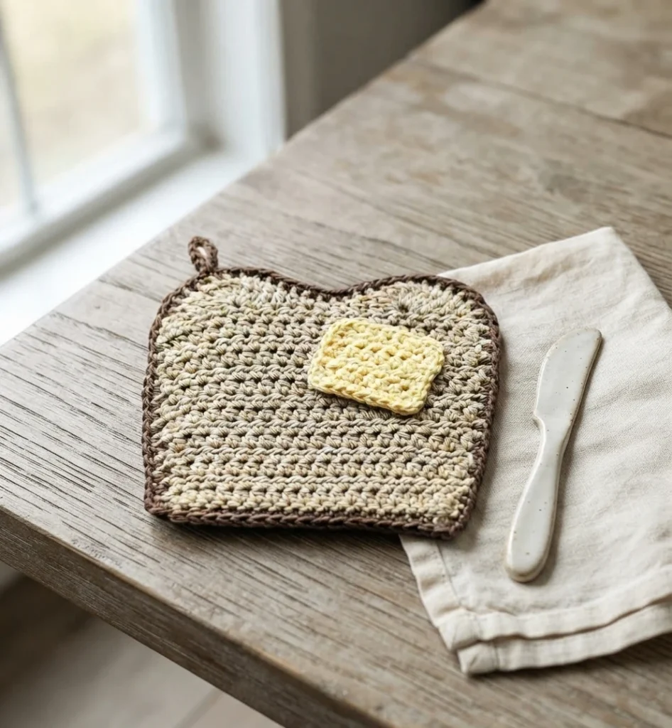 Crocheted toast-shaped potholder in beige and cream with a dark brown border and a small hanging loop, topped with a pale yellow butter square, resting on a wooden table beside a folded linen napkin and a butter knife near a bright window.