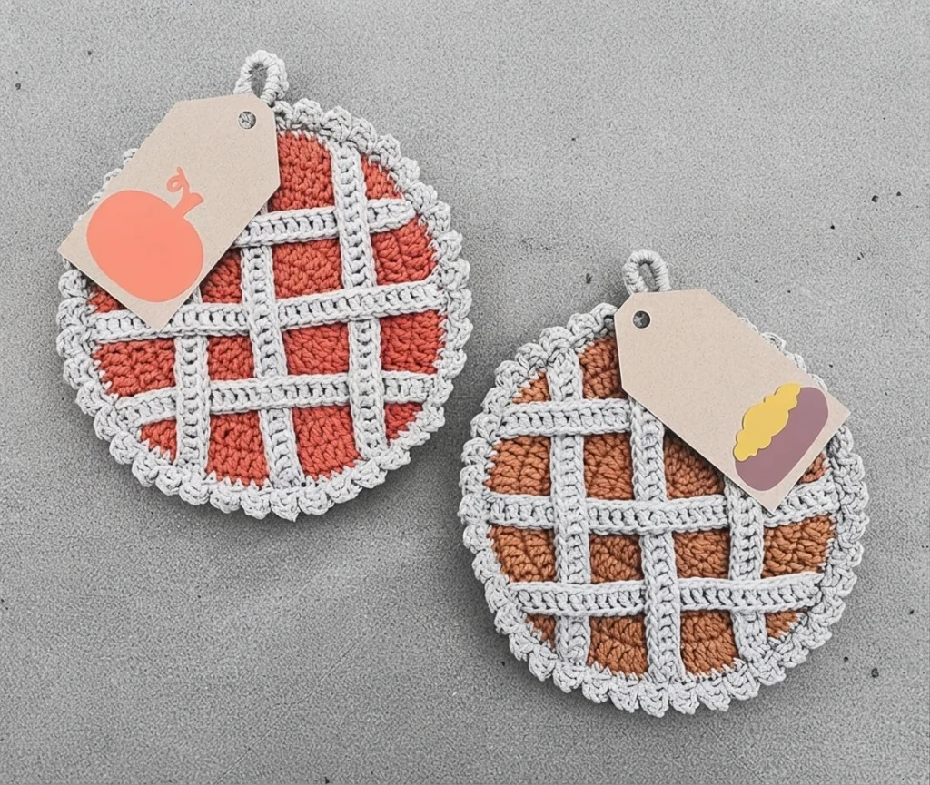 Two round crochet potholders with cream lattice strips over red and brown centers, resting on grey concrete, each topped with a small kraft paper tag.