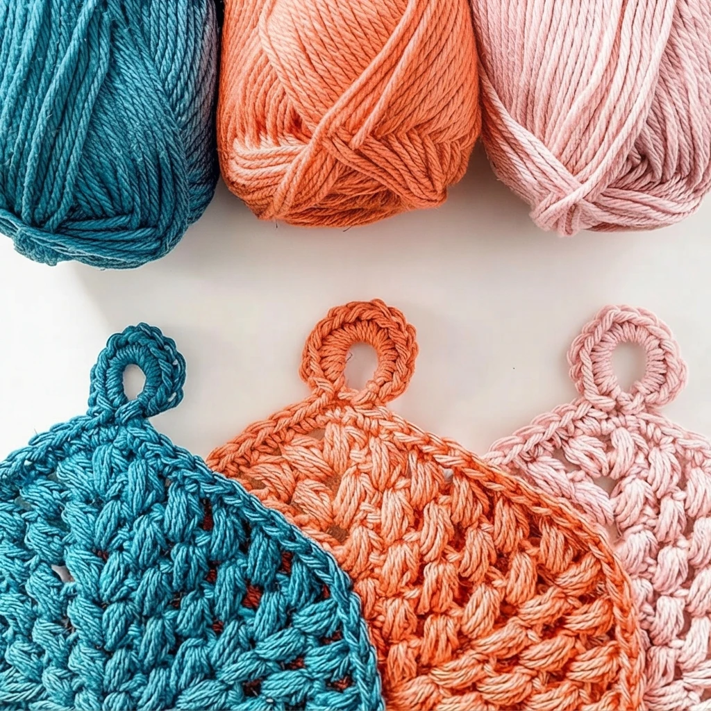 Three balls of teal, orange and pink yarn above three small crocheted coasters in matching colors, each with a hanging loop, arranged on a plain white surface.