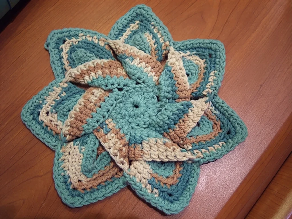 Crochet flower hot pad with six layered petals in turquoise, beige and brown around a round open center, laid flat on a wooden table.