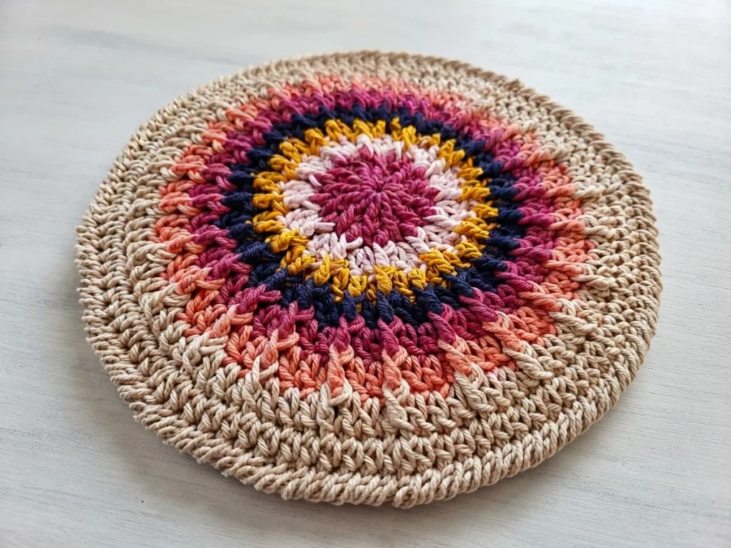 Rounded crochet potholder worked in concentric color rings: a pink center, then yellow, dark blue, pink and coral rounds, finished with a wide beige textured border, shown at an angle on a light wood surface.