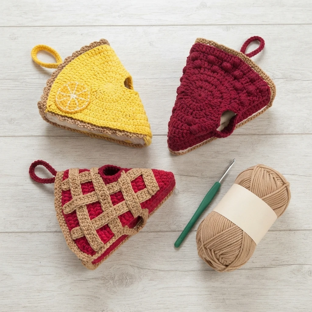 Three crocheted oven mitts shaped like wedges of pie arranged on a light wood surface: a yellow lemon slice with a lemon applique, a deep red slice topped with a lattice crust, and a burgundy slice with a bumpy textured surface, shown next