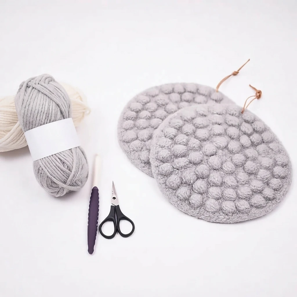 Two light grey crocheted potholders with a raised bubble texture and small hanging loops, shown next to a ball of grey yarn wrapped in a blank white label, a cream yarn ball, a dark-handled crochet hook and small scissors on a white surface