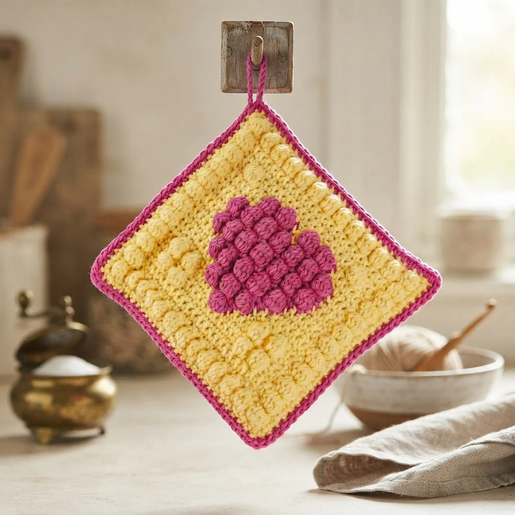 Crocheted square potholder with a yellow bobble-stitch body, a raised pink bobble heart in the center, a pink border and a hanging loop, suspended from a wooden knob in a kitchen.
