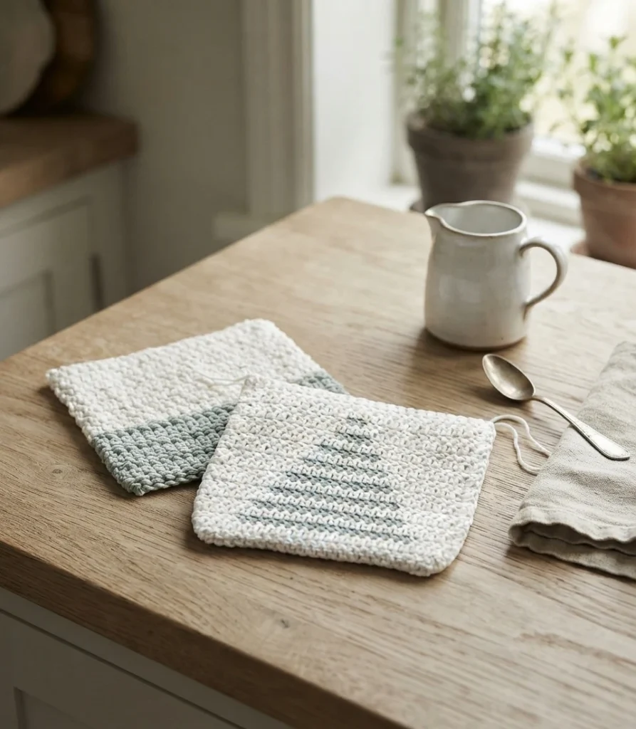 Two square crochet hot pads in white and soft grey resting on a light wooden countertop, one with grey stripes and a simple tree motif, the other with a grey lower section, styled with a ceramic jug, a spoon, folded linen and potted plants