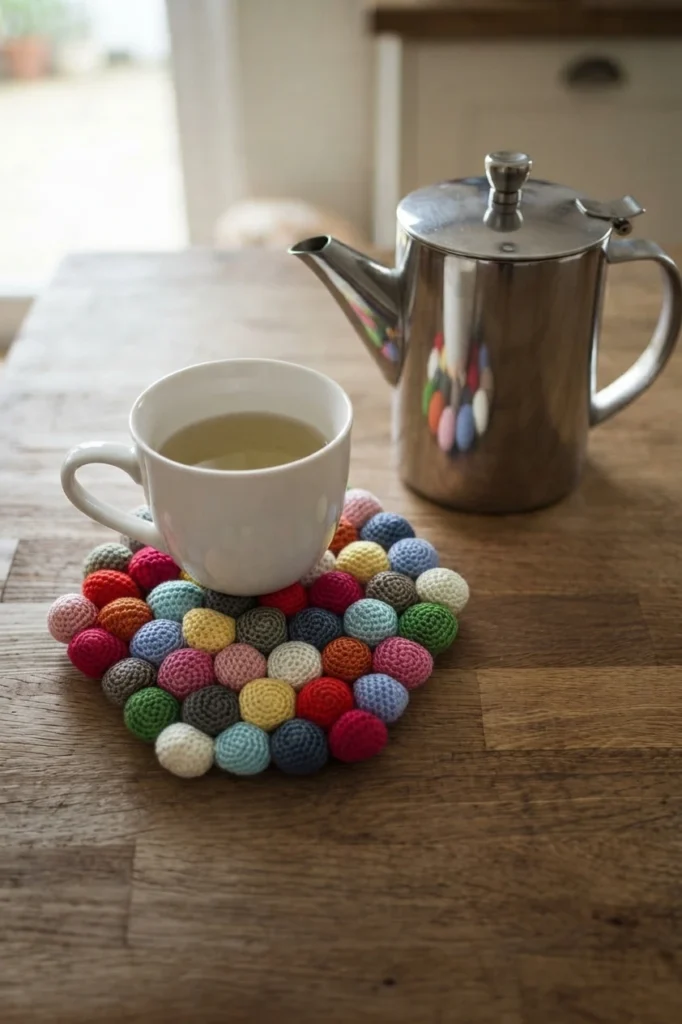 A white cup of tea sitting on a round crochet mat made of small multicolour bobble stitches in red, pink, yellow, blue, green and grey, with a stainless steel teapot behind it on a wooden table in a softly lit kitchen.
