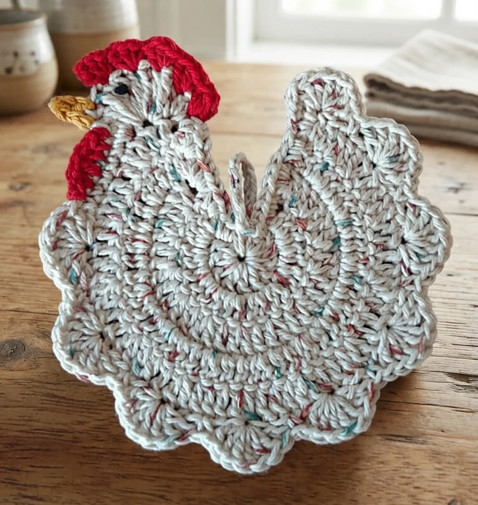 Crocheted chicken shaped potholder in speckled cream yarn with a red comb and wattle, a small yellow beak and a hanging loop, lying on a wooden table with a ceramic mug and a folded cloth blurred in the background.