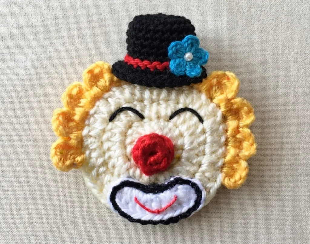 Crochet clown head with a black top hat trimmed with a red band and a blue flower with a bead, yellow scalloped hair, closed embroidered eyes, a red nose and a white mouth piece outlined in black, shown on a beige fabric background.