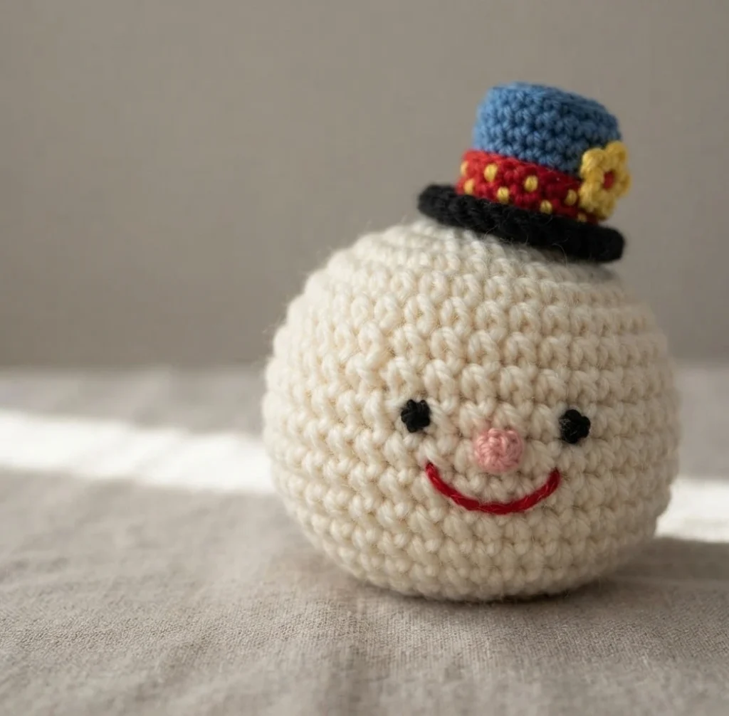 Finished crochet clown head with a blue top hat, a red hat band with a yellow flower, black bead eyes, a pink nose and a red embroidered smile, resting on light grey fabric.