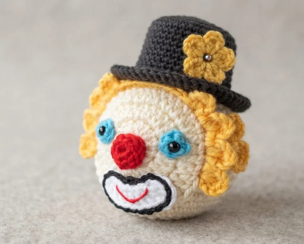 Crochet clown head with a black top hat trimmed with a yellow flower and bead, yellow curly hair, blue eyes with black bead centers, a red nose and a white mouth piece outlined in black with a red embroidered smile, resting on a grey surfac
