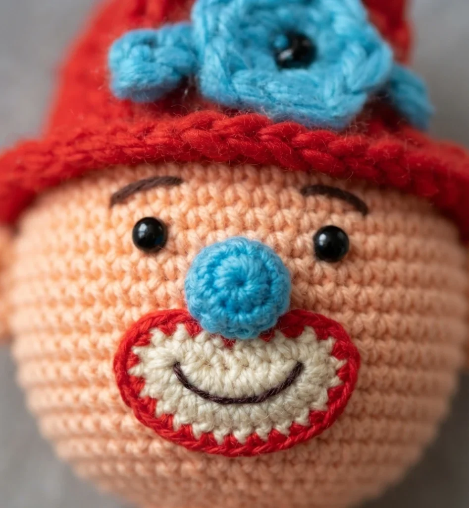 Close-up of a crocheted clown face with a red top hat topped by a blue crocheted flower with a black bead, black bead eyes, embroidered eyebrows, a blue round nose and a white mouth piece with red trim and an embroidered smile.