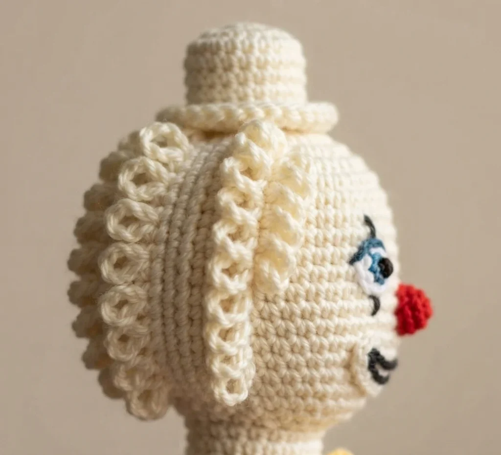 Crocheted cream clown head seen from the side, with looped hair joined around the back, a small top hat on top, a red nose and one embroidered eye visible.