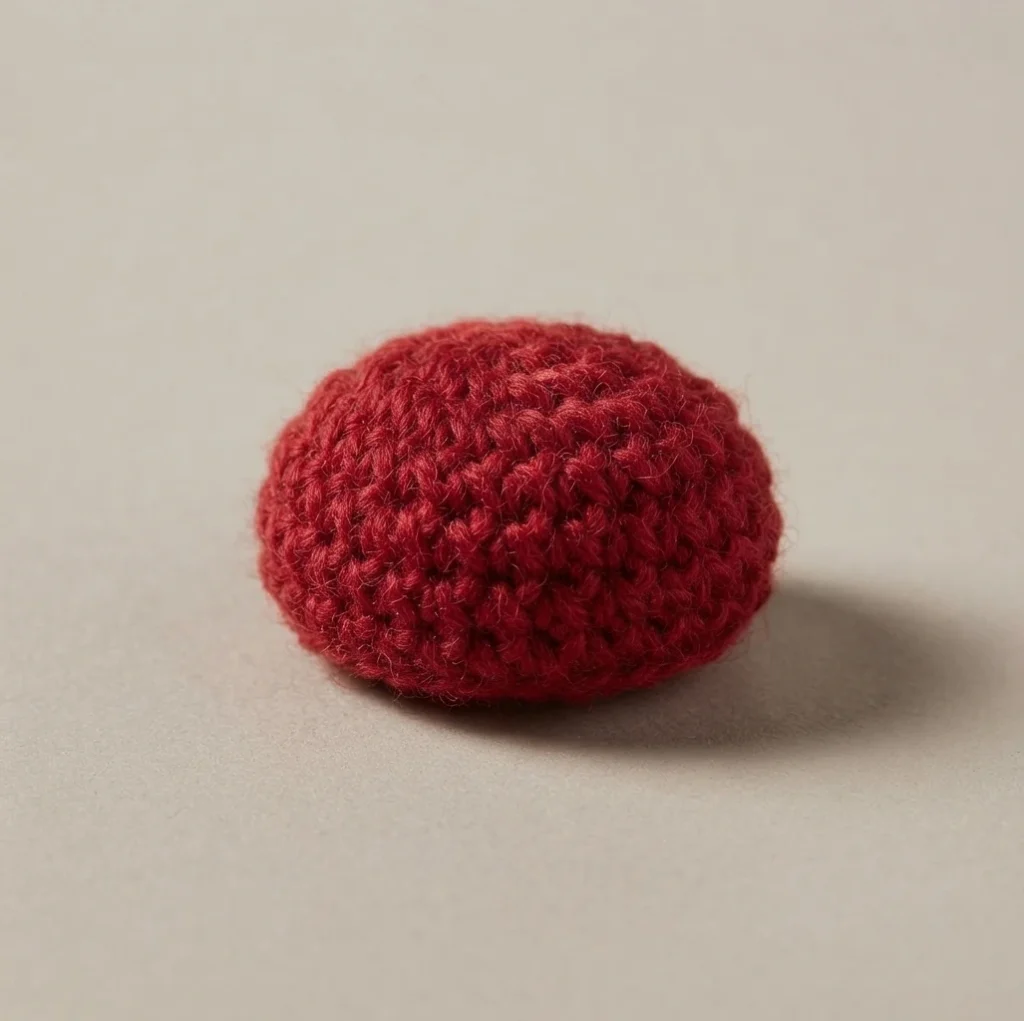A single small red crocheted dome shape, the clown nose piece, resting on a plain light gray surface.