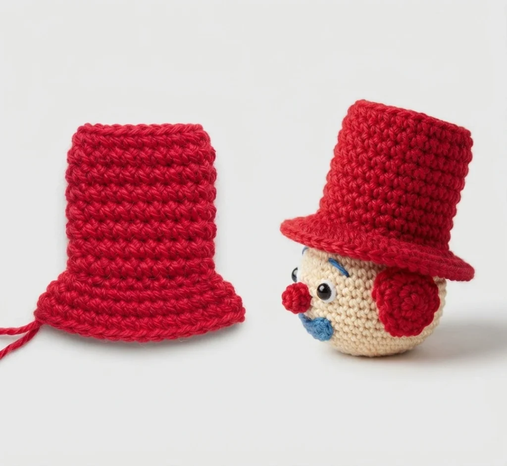 A red crocheted top hat lying flat beside a crocheted clown head wearing a matching red top hat, with a blue nose and blue mouth detail.