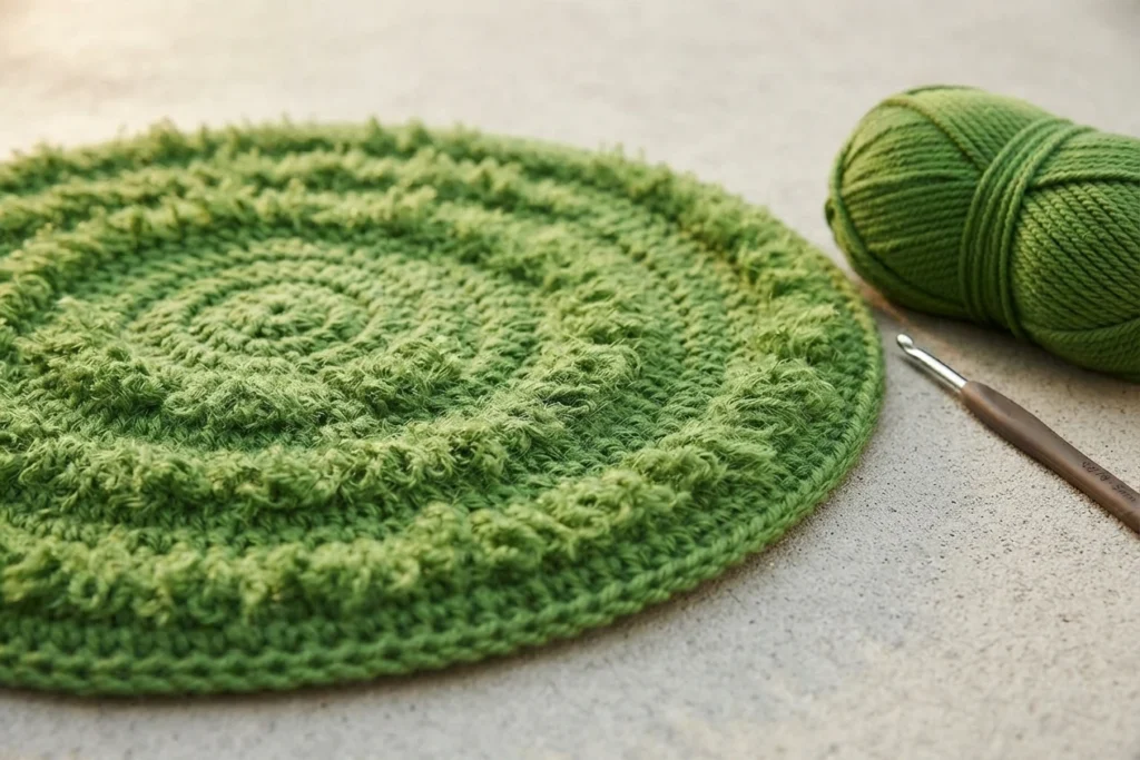 Round green loop-stitch crochet grass mat with a ball of kelly-green yarn and a crochet hook on a light surface.
