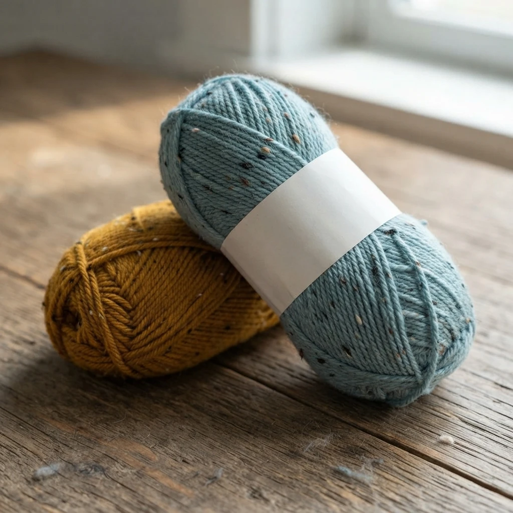 A blue tweed yarn skein with a blank white label rests on a golden yellow skein on a wooden surface.