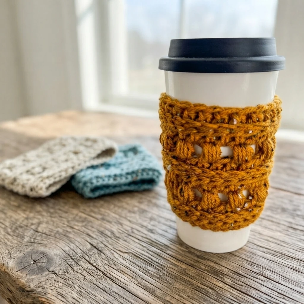 A white takeaway cup with a black lid wears a golden crocheted cozy, with two folded cozies behind it.