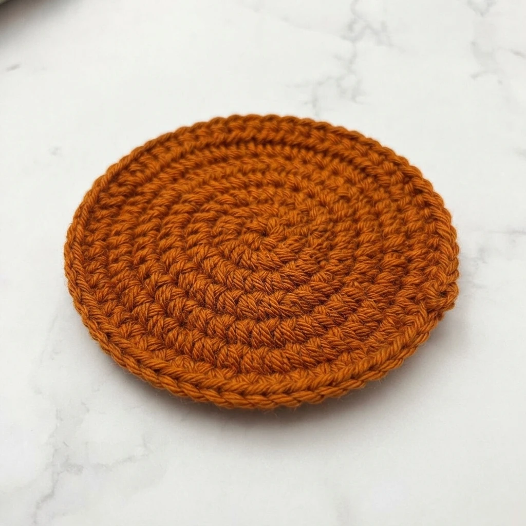 A round orange crocheted piece lies flat on a pale surface.