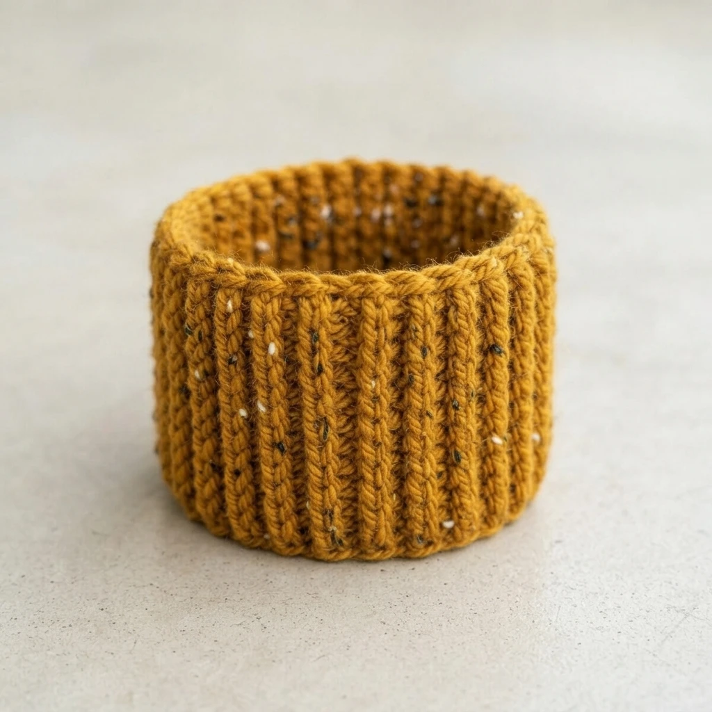 A mustard tweed crochet cup cozy with vertical ribbing, shown standing open on a pale surface.