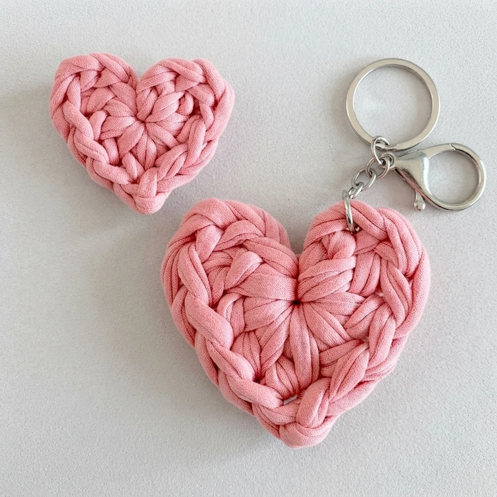 Two pink crochet hearts on a light surface: a large heart attached to a silver keychain ring and clasp, and a smaller heart beside it.