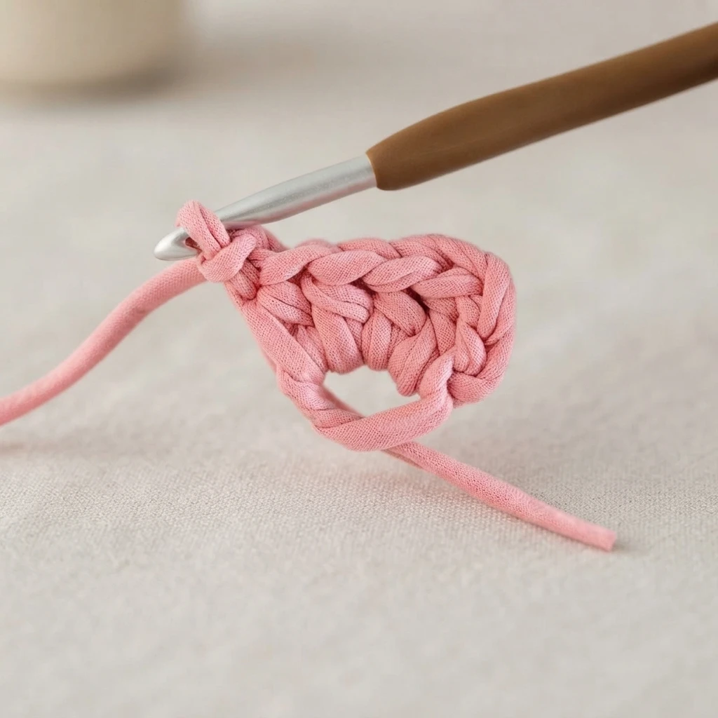 A pink crochet heart work in progress on a crochet hook with yarn strands, after slip stitching into the chain stitch.