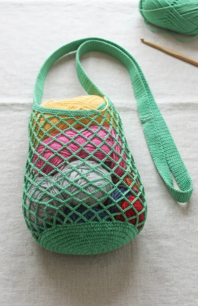 Green crochet mesh bag with a long strap, filled with balls of yarn in yellow, pink, grey, blue and red.